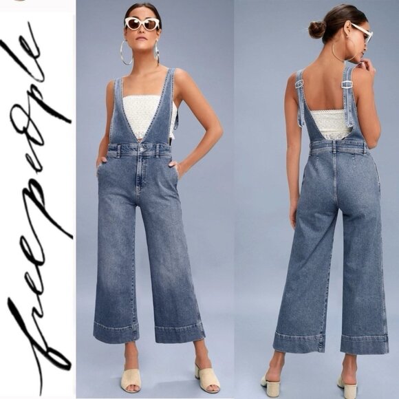 Free People A-Line Light Wash Denim Jean Overalls Cropped A-Line - Picture 8 of 8
